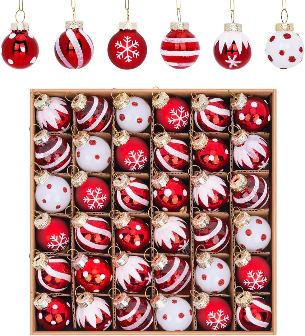 1 Inch Mini Red and White Peppermint Glass Christmas Ornaments, Set of 36 Balls, Small Hand-Painted Bulbs for Xmas Tree, Classic Tiny Decorations for Winter Holiday Miniature Decor