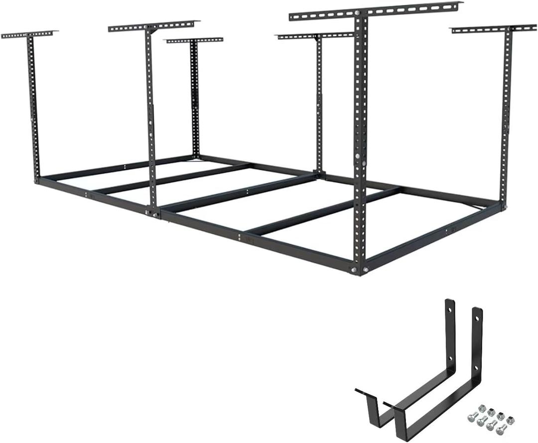 FLEXIMOUNTS 4x8 Overhead Garage Storage Rack without Decking,plus 2-Pack Add-On Storage Utility Hook Accessory,600lbs Weight Capacity,Black