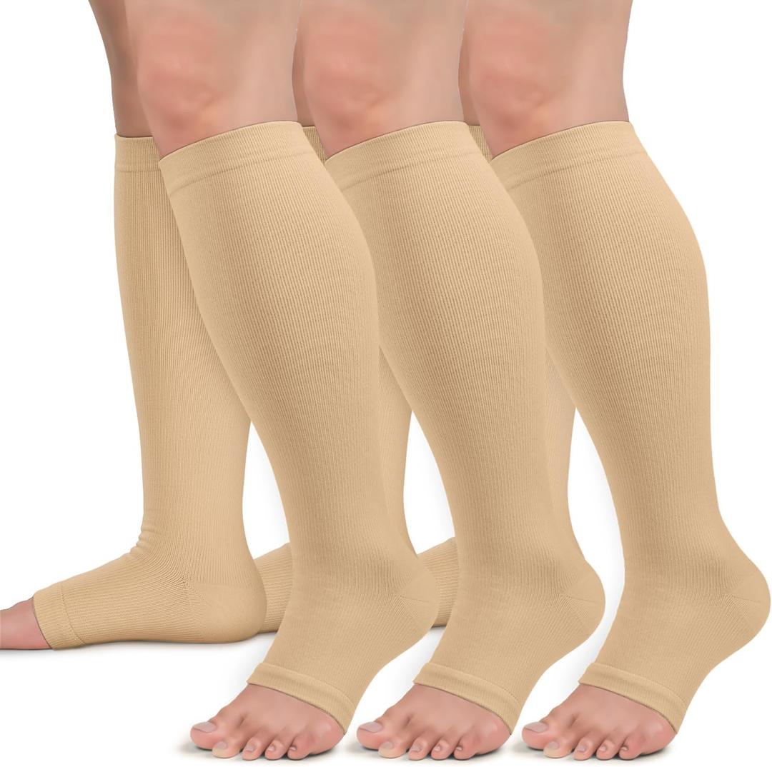 Compression Socks 3 Pairs - Open-Toe Toeless Compression Socks for Women and Men(Nude - 3 Pairs, L/ XL)