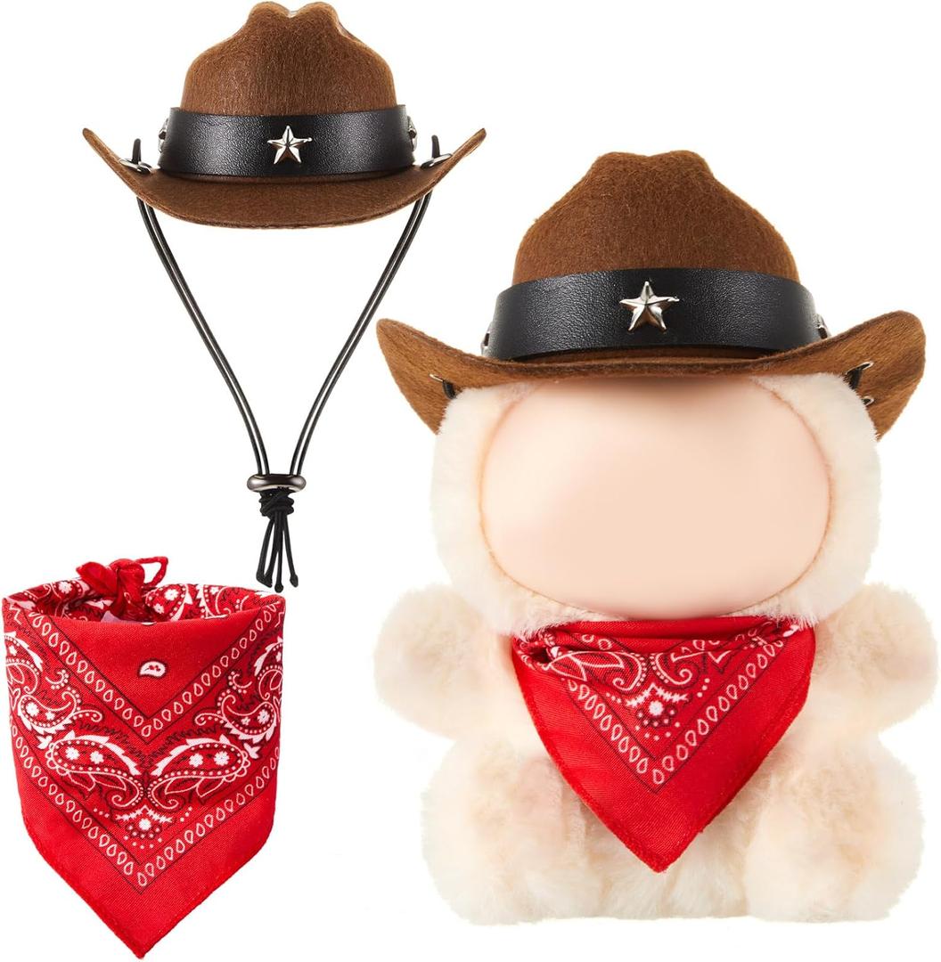 2 Pcs 17cm Doll Cowboy Costume Accessories Mini Western Cowboy Hat with Bandana Scarf Outfit Set Accessories for Birthday Christmas Anniversary Collectors' Gift, Doll Not Included