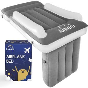 Toddler Airplane Bed - Inflatable Airplane Bed for Toddlers, Plane Baby Seat Extender for Kids - Blow Up Air Mattress for Child Flight Sleep with Safety Belt, No Pump Needed (Grey)