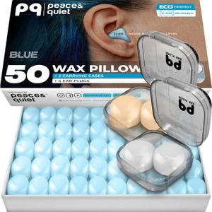Peace&Quiet PQ Wax Ear Plugs for Sleeping, Swimming - 54 Noise Cancelling Silicone Gel Wax Earplugs, Ear Protection for Sleep and Swim, Soft Wax Pillows with Sound Blocking Level 32Db, (54 Pillows) (Blue)