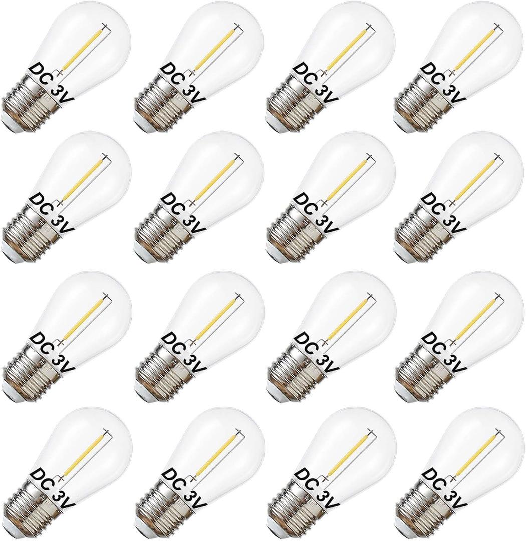 DC 3V Low Voltage Solar String Light Bulbs, Only for 3V DC, Burn Out at 120V, Shatterproof Waterproof S14 LED Bulbs, E26 Base, 1W Warm White 2700K, 16 Pack