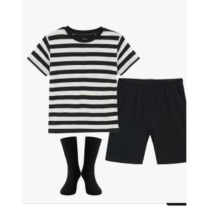 Halloween Costumes for Boys- Black and White Striped Shirt, Black Short and Tube Socks. Size 10