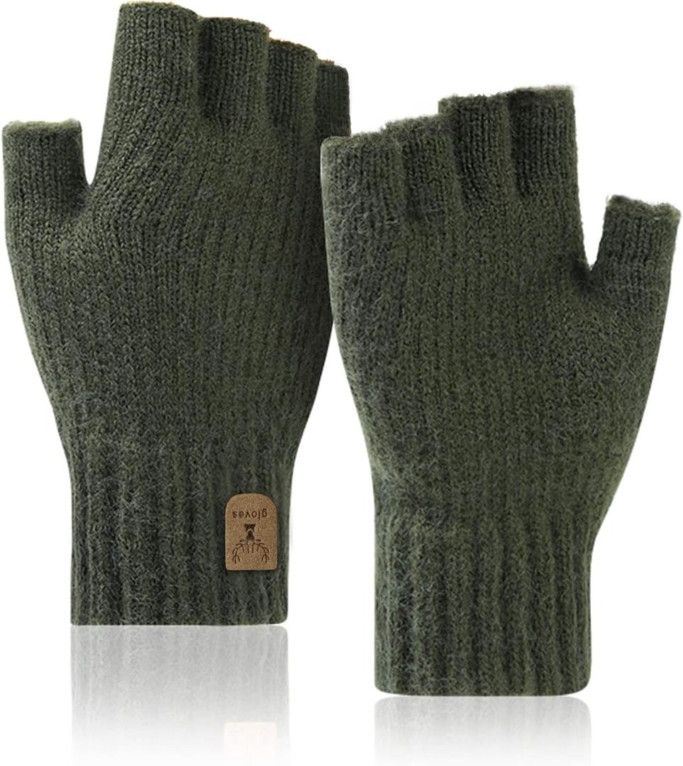 JUNRUI Fingerless Gloves Half Finger Winter Warm Knitted Gloves Working Running Biking Driving for Men and Women (Dark Green)
