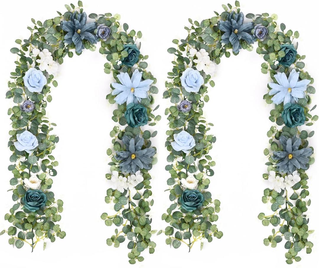 Waipfaru 2Pcs Flower Garland Decorations, Wedding Table Floral Rose Garland for Table Centerpieces Backdrop Wall, Eucalyptus Greenery Vines for Party Room Decor (Dusty Blue)