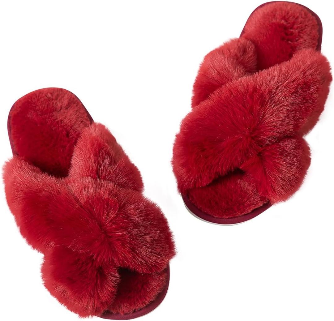 2 x Womens Cross Band Slippers Cozy Furry Fuzzy House Slippers Open Toe Fluffy Indoor Shoes Outdoor Slip on Warm Breathable Anti-skid Sole, (Mix Colors White, Red)