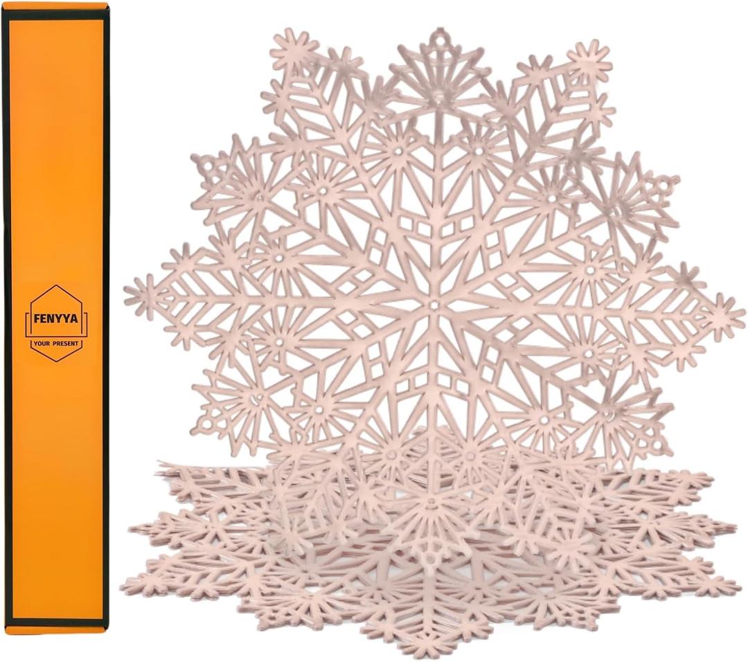 Placemats Set of 4, Rose Gold Snowflake Place Mats, Vinyl Heat Resistant Non-Slip Washable Dining Table Mats for Holiday Party Home Wedding Dining, 15 inch