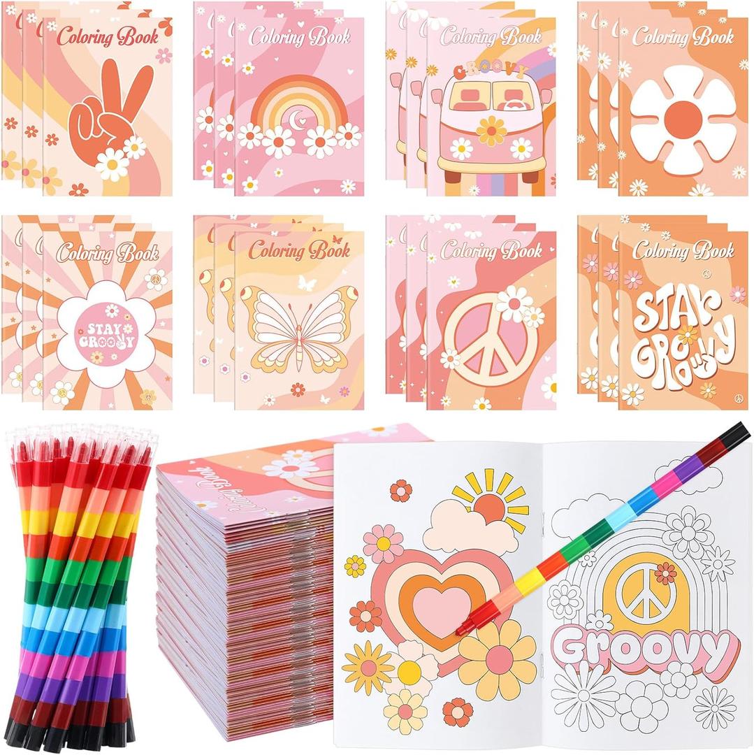 Funrous 24 Pcs Hippie Boho Coloring Books with 24 Stacking Crayons Set Stay Groovy Mini Coloring Book Peace Sign Vibe Bus Daisy Rainbow Activity Gifts for Groovy Birthday Party Supplies Decorations