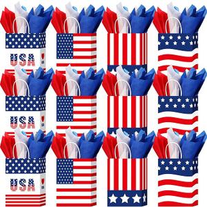 Keioy 24Pcs Patriotic Gift Bag with Handles,Red White Blue Tissue Paper American Flag Party Favor Bags，Decorative for Veterans Day,Memorial Day and Fourth of July (multicolor)