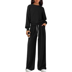 PRETTYGARDEN Womens 2 Piece Sets Long Sleeve Sweatshirt Wide Leg Pants Loose Matching Lounge Set Trendy Fall Outfits (Large, Black)