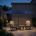 15FT Patio Umbrella with Solar Lights, Double-Sided Extra Large Outdoor Table Umbrella with Base Included, Heavy-Duty 12 Iron Ribs Market Umbrella for Garden, Pool, Backyard, Navy Blue