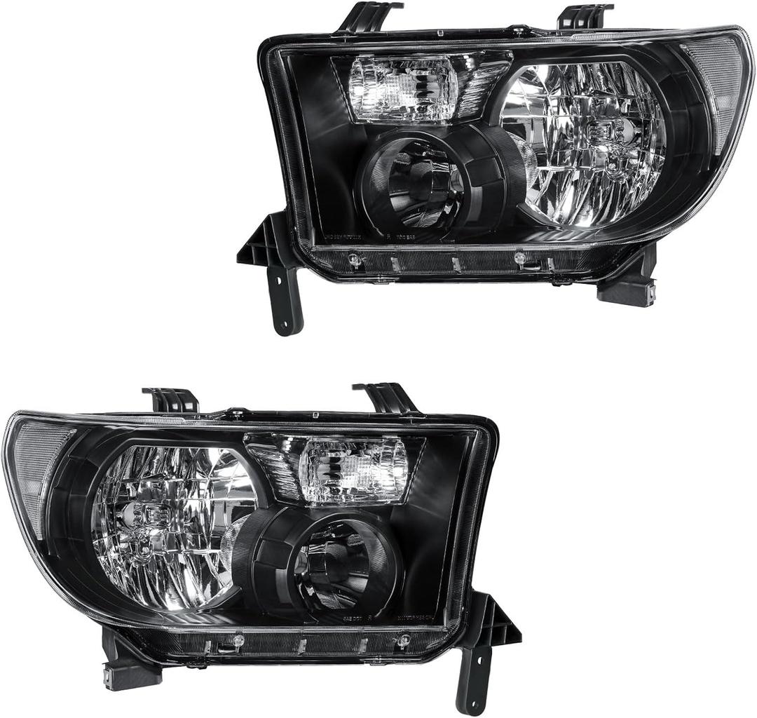 Headlight Assembly, Compatible with 2007-2013 Toyota Tundra/2008-2017 Sequoia Replacement Headlamp Pair of Driver Left & Passenger Right Side Black Housing Clear Reflector