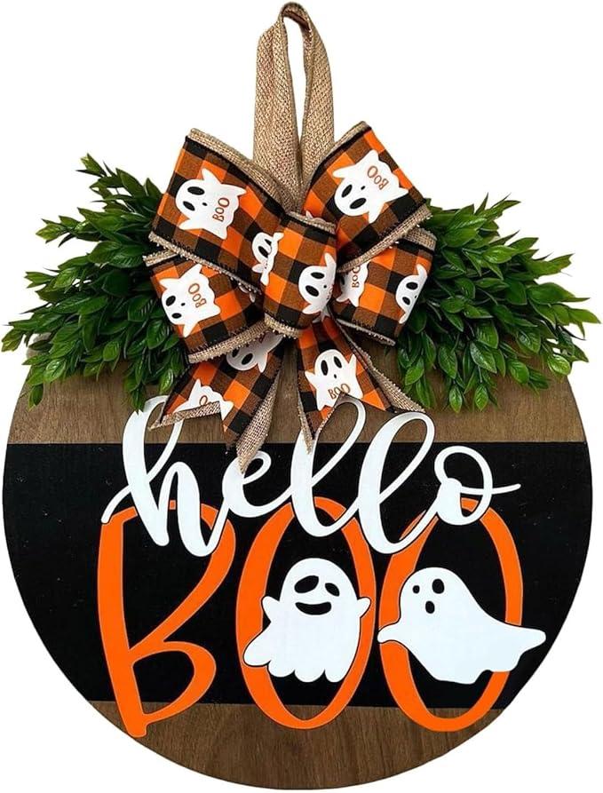 Halloween Welcome Sign Decorations, Halloween Wooden Door Hangers Wreath with Bow Halloween Ghost Welcome Sign Hanging Decor Wreath for Front Door Porch Window Wall