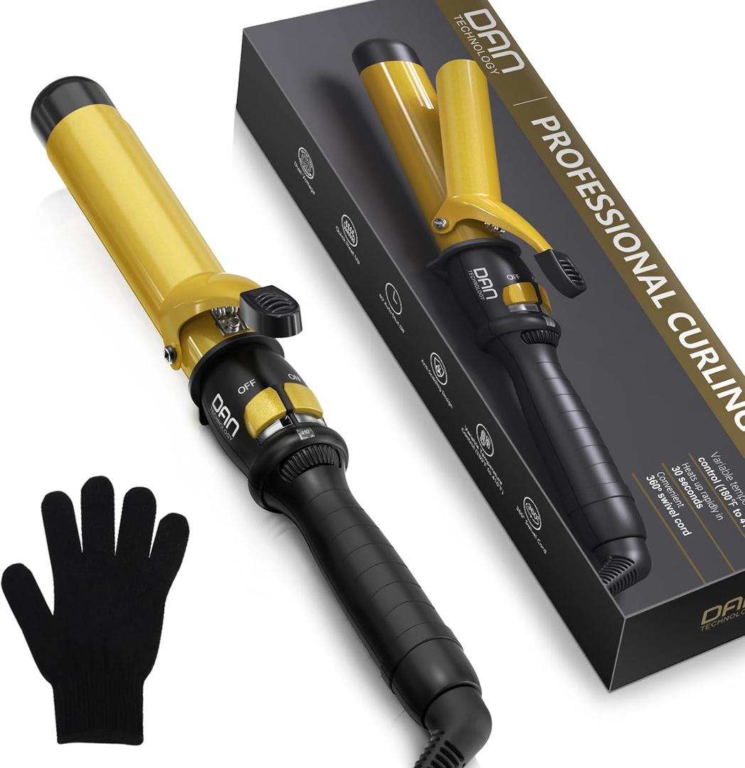 DAN Technology 1 1/4 Inch Hair Curling Iron 32mm Ceramic Tourmaline Curling Wand for All Hair Types Dual Voltage Hair Curler Fast Heat up Curling Tool for Salon, Hairdressing School, Gold Black