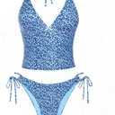 seamoly Women's Tankinis Striped Halter String Tie Side 2 Piece Tankini Sets Swimsuit (Blue-07), XS