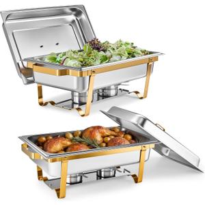 WILPREP Chafing Dishes for Buffet, 2 Pack 9 qt Chafer and Buffet Warmer Set with Full Size Pans & Foldable Frames, Food Grade Stainless Steel Food Warmers for Parties Buffets Banquets, Gold & Silver (9 Quart-square)