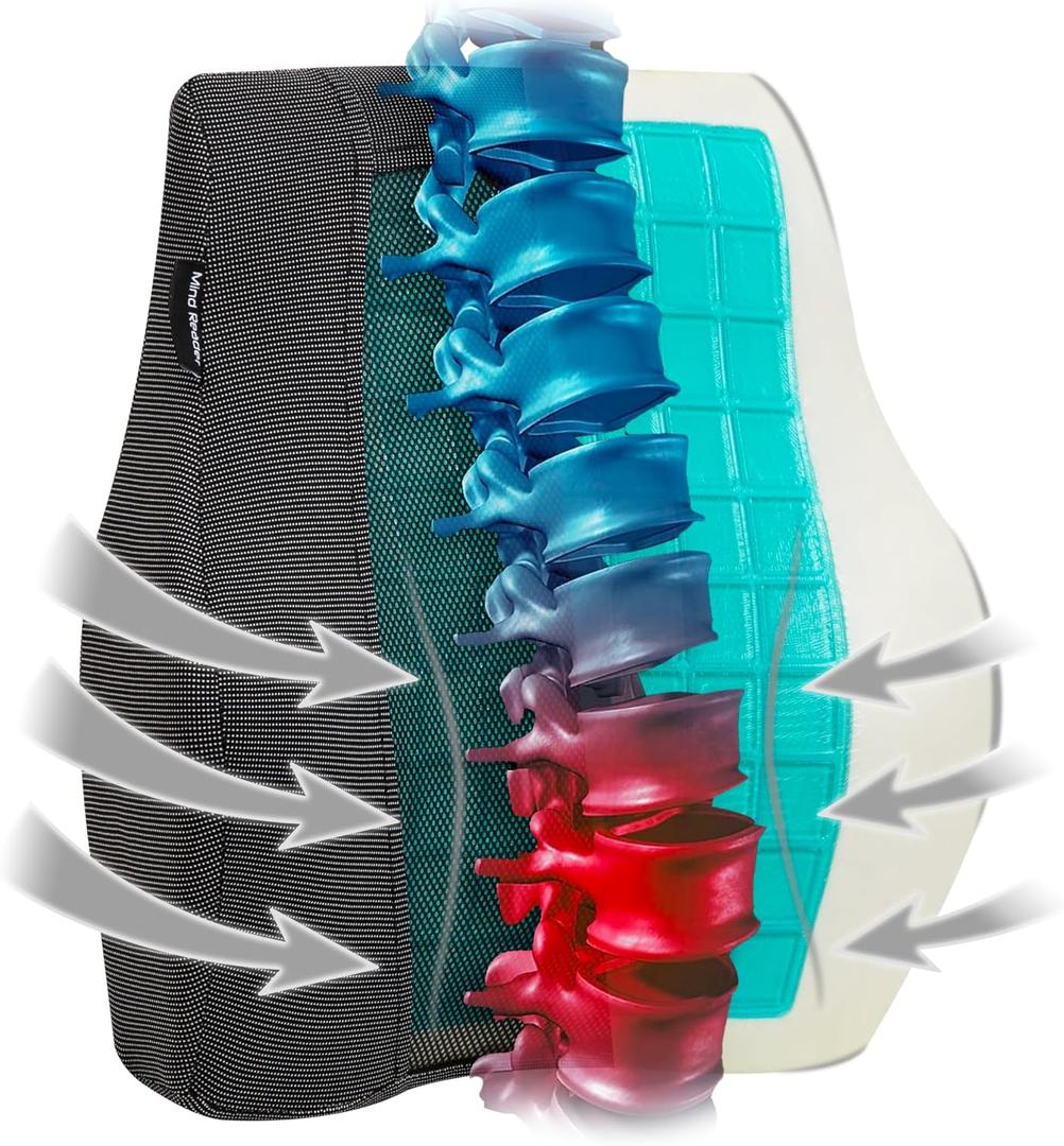 Mind Reader Lumbar Support Cushion for Office Chair and Car Seat, Memory Foam and Cooling Gel Core, Air-Cloud Technology, 15.5" L x 3.75" W x 14.25" H, Black, Back Rest