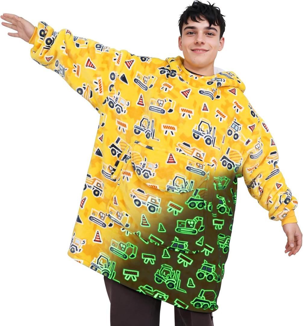 Excavator Wearable Blanket Hoodie for Men - Glow in The Dark Truck Blanket with Oversized Pocket - Car Decor Construction Tractor Sweatshirt Blanket Birthday Gifts for Men Dad Boyfriend Adult