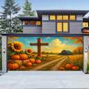 Thanksgiving Garage Door Cover Fall Garage Door Banner Pumpkin Garage Door Decorations Autumn Garage Mural 13x6ft Cross Harvest Sunflower Barn Backdrop for Outdoor Fall Porch Decor (orange-yellow-green)