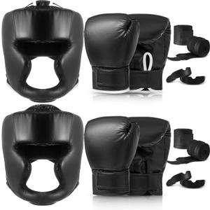Kanayu 14 Pcs Boxing Gloves and Headgear Set for Beginners Youth 16 Ounce Boxing Gloves Headgear Helmet Hand Wraps Mouth Guards Equipment for Beginners Training Equipment Gifts (Black)
