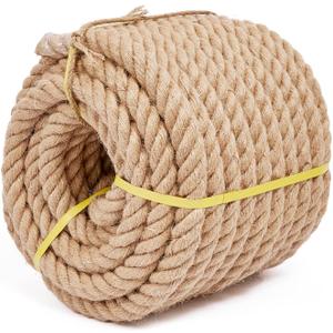 Jute Rope 1 1/2 Inch 50 Feet, Heavy Duty Natural Hemp Ropes, Twisted Hemp Rope for Crafts, Gardening, Bundling, Climbing, Hammock, Nautical, Tug of War, Railings, Home Decorating