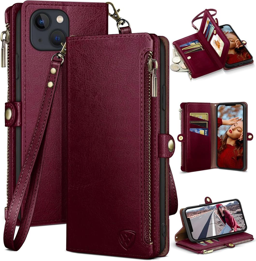 XcaseBar for iPhone 13 6.1" Wallet case with Zipper Credit Card HolderRFID Blocking, Flip Folio Book PU Leather Phone case Shockproof Cover Women Men for Apple 13 case Wine Red