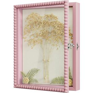 Love-KANKEI Shadow Box Frame 11x14, Deep Large Shadow Box Display Case with Unique Beads Door and Glass Window, Wood Memory Box Gift for Pictures,Medals,Memorabilia,Collections Pink