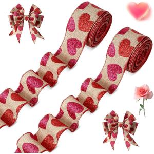 2 Roll 20 Yards Glitter Hearts Wired Edge Burlap Valentine Ribbon Valentine's Day Wired Ribbon for DIY Gift Wrapping Wreath Crafts Decoration(1.5 in,Natural, Red, Pink)