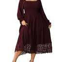 SHESTARR Women's Plus Size Maxi Dress Long Sleeve Square Neck Smocked Flowy A-Line Lace Trim Wedding Guest Dresses Burgundy, 3XL