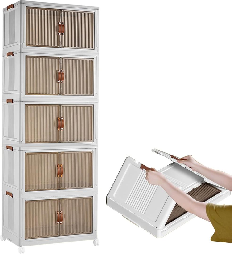 Storage Bins With Lids, Stackable Closet Organizers With Wheels, Large Clear Plastic Storage Box, For Storing Clothes Books In Pantry Bedroom Kitchen(Width 45cm/17.7in,5 Layer)