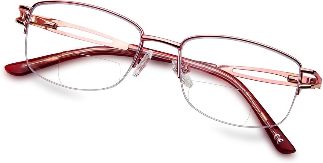 LianSan Metal Bifocal Reading Glasses for Women,Stylish Half Rim Zero Top Blue Light Blocking Computer Reader (Pink)