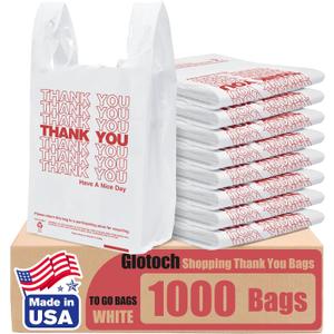 Glotoch Plastic Thank You Bags 1000 Count, 12" x 6.5" x 21" White Grocery Bags with Handles for Restaurant, Retail, Grocery Store, Takeout, Convenience Stores, T-shirt Shopping Bag in Bulk