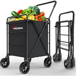 Folding Shopping Cart for Groceries, Grocery Cart on Wheels, 360Rolling Swivel Wheels Portable Heavy Duty Utility Cart for Shopping, Grocery, Laundry (X-Large)