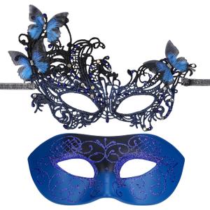 Couple Masquerade Masks Set - 2 Pcs Halloween Ball Mask Antique Venetian Eyemasks for Men Women Mardi Gras (Blue)