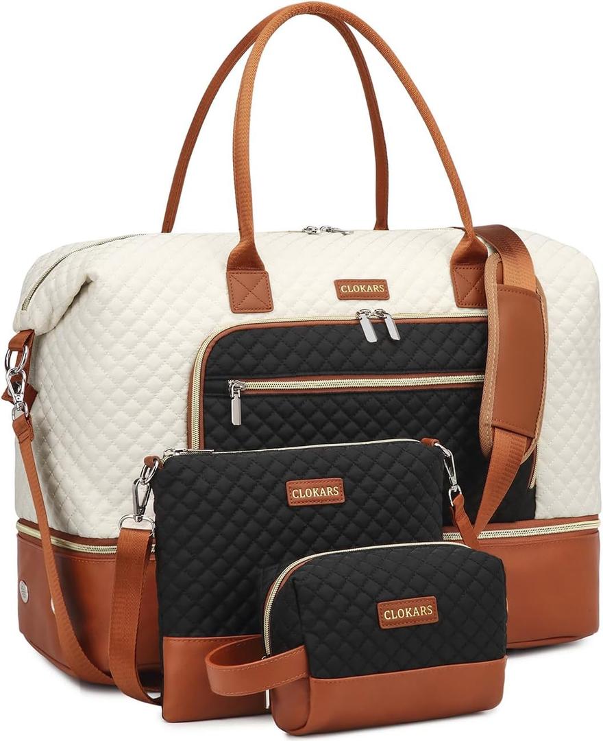 Weekender Bags for Women, Travel Duffle Bag Carry On Overnight Bag with Cosmetics Bag and Crossbody Purse for Gym Hospital, Gifts for Women, Beige/Black/Brown