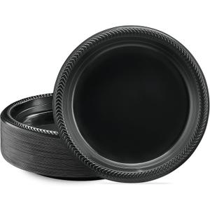 PLASTICPRO 100 PCS Black Plastic Plates Light Weight 9 Inch Plastic Dinner Plates Black Plates Disposable for Party and Wedding