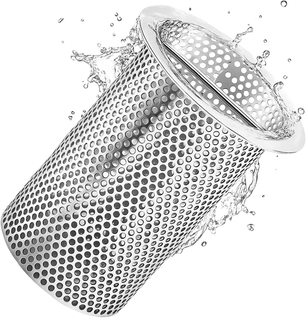 1 Pcs 4" Diameter Commercial Floor Drain Strainer 6" Tall Perforated Cylindrical Mesh 316 Stainless Steel Drain Basket with Carry Handle heavy-duty, for Restaurants, Kitchens, Factories