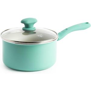 GreenLife Soft Grip Diamond Sandstone Healthy Ceramic Nonstick, 2QT Saucepan Pot with Lid, PFAS-Free, Dishwasher Safe, Turquoise and Cream