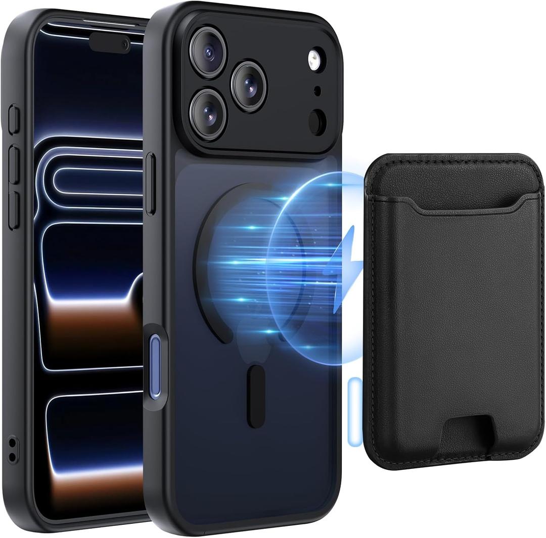 TopMade Mag-Safe Case for iPhone 17 Pro Max with Magnetic Wallet Card Holder, Mag-Safe Phone Case with Magnetic Wallet Fit 4 Cards, Translucent Matte Shockproof Cover for iPhone 17 Pro Max, Black