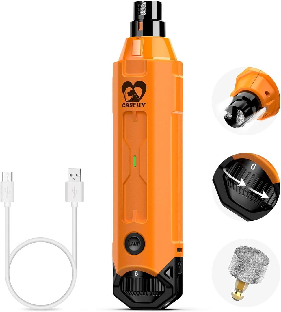 Casfuy 6-Speed Dog Nail Grinder - Newest Enhanced Pet Nail Grinder Super Quiet Rechargeable Electric Dog Nail Trimmer Painless Paws Grooming & Smoothing Tool for Large Medium Small Dogs (Orange) (C-Orange)