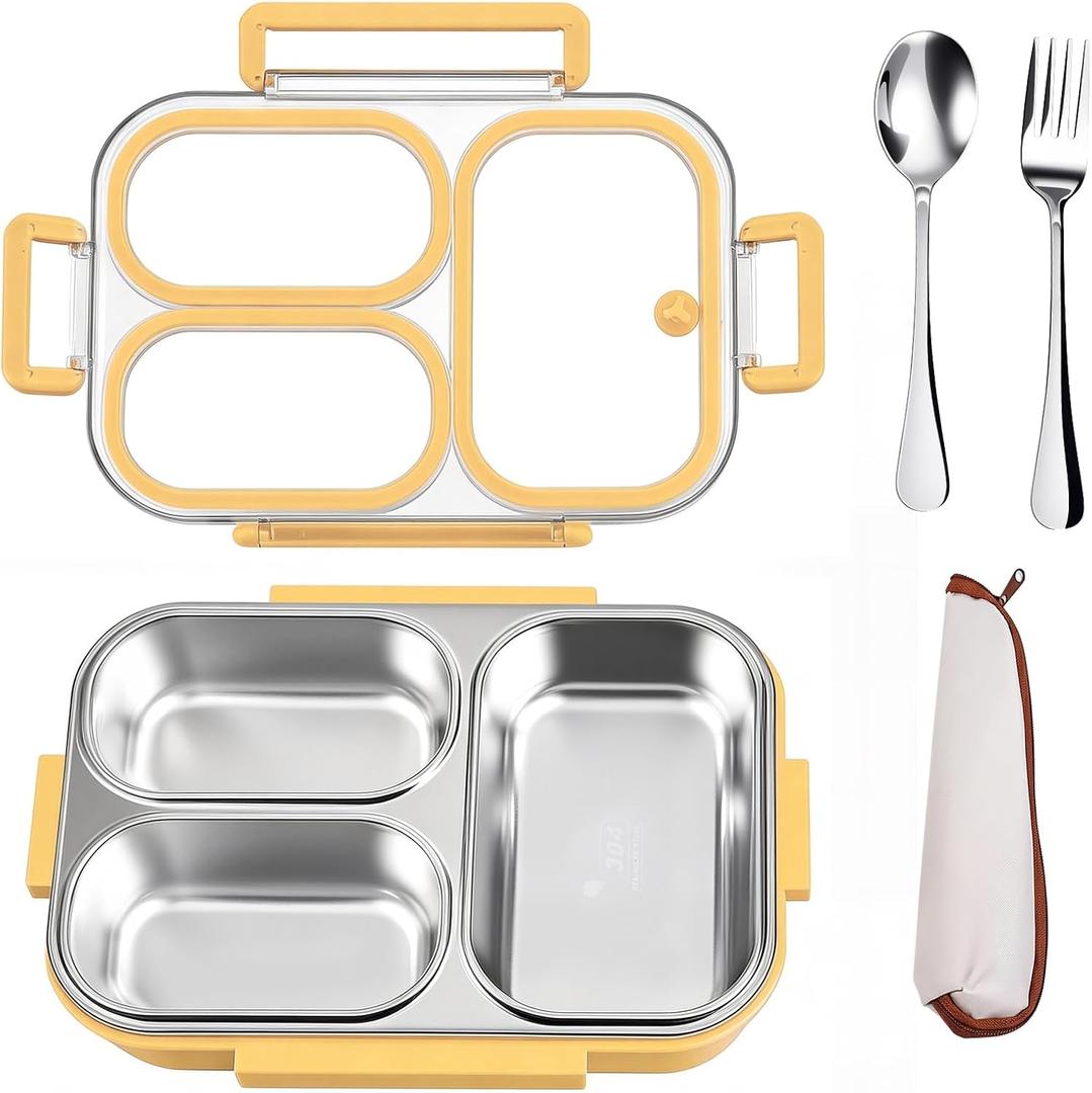 25oz Stainless Steel Lunch Kit (Bento Box + Fork/Spoon) - 3 Leakproof Compartments - Food-Grade 18/8 Steel for Kids & Adults - School/Office/Travel Ready - Dishwasher Safe (Yellow)