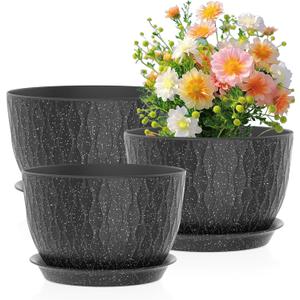 12/10/9 inch Large Flower Pots, 3 Set Big Plant Pots for Outdoor Indoor Plants with Water Ripples, Wide Plastic Planters with Drainage Holes and Saucers for Garden House Plants, Speckled Black