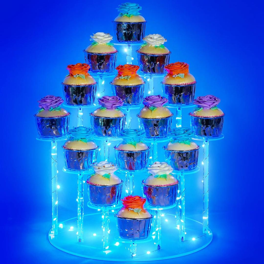 Cupcake Stand with Lights, Blue Cupcake Tower Stand for 16 Cupcakes, Acrylic Cupcake Display Stands for Parties and Dessert Table, Clear Cupcake Holder for Small Collections.