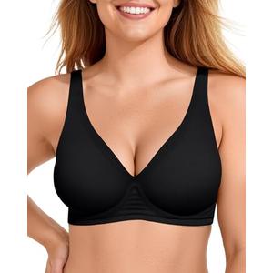 OEAK Womens Deep V Bras Wireless Comfortable Bra Supportive No Underwire Bras Tshirt Push Up Bralettes Plunge Seamless Bra Carbon Black XL