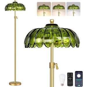 Gold Floor Lamps for Living Room Vintage Floor Lamp with Remote Control & Glass Lampshape,Mid Century Modern Standing Lamp with 3 Color Temperature Brass Flower Tall Floor Lamp for Bedroom Corner (11.8inch, Green)