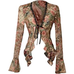 Floerns Women's Floral Mesh Long Sleeve Boho Tops V Neck Tie Front Ruffle Fairy Going Out Blouses Top (Brown, L)