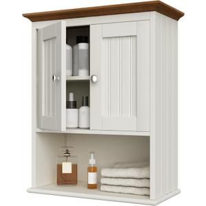 Treocho Wood Wall Cabinet, Bathroom Medicine Cabinet Storage with Doors and Adjustable Shelf, Rustic Cabinet Wall Mounted for Bathroom, Living Room, Kitchen, White & Brown (Farmhouse)