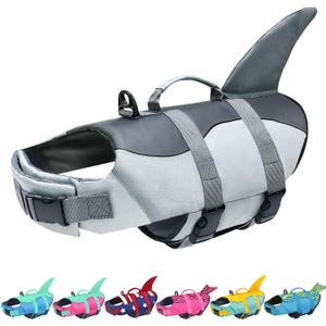 Malier Dog Life Jacket, Ripstop Dog Life Vest with High Buoyancy for Swimming Boating, High Visibility Shark Puupy Lifesaver for Dogs (Gray, Large)