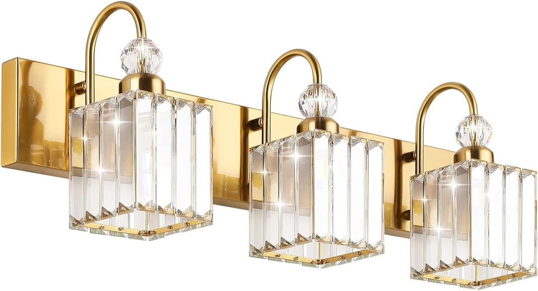 Ralbay Modern Gold Crystal Vanity Lights for Bathroom 3-Lights Crystal Vanity Lights Over Mirror Modern Crystal Gold Bathroom Wall Lighting Fixtures